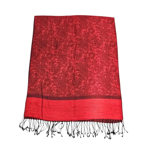 Womens Cashmere Silk Pashmina Red Paisley Scarf Wrap Shawl Stole Fringe 68x26 - Picture 12 of 16